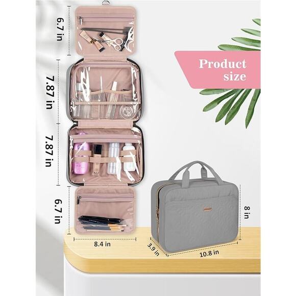 Gray Medium Hanging Travel Toiletry Bag Women Compartment Makeup Cosmetic - Picture 3 of 6